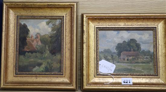 English School c.1900, oil sketch on board, Cottage and lane, 13.5 x 16.5cm, and British School c.1900,